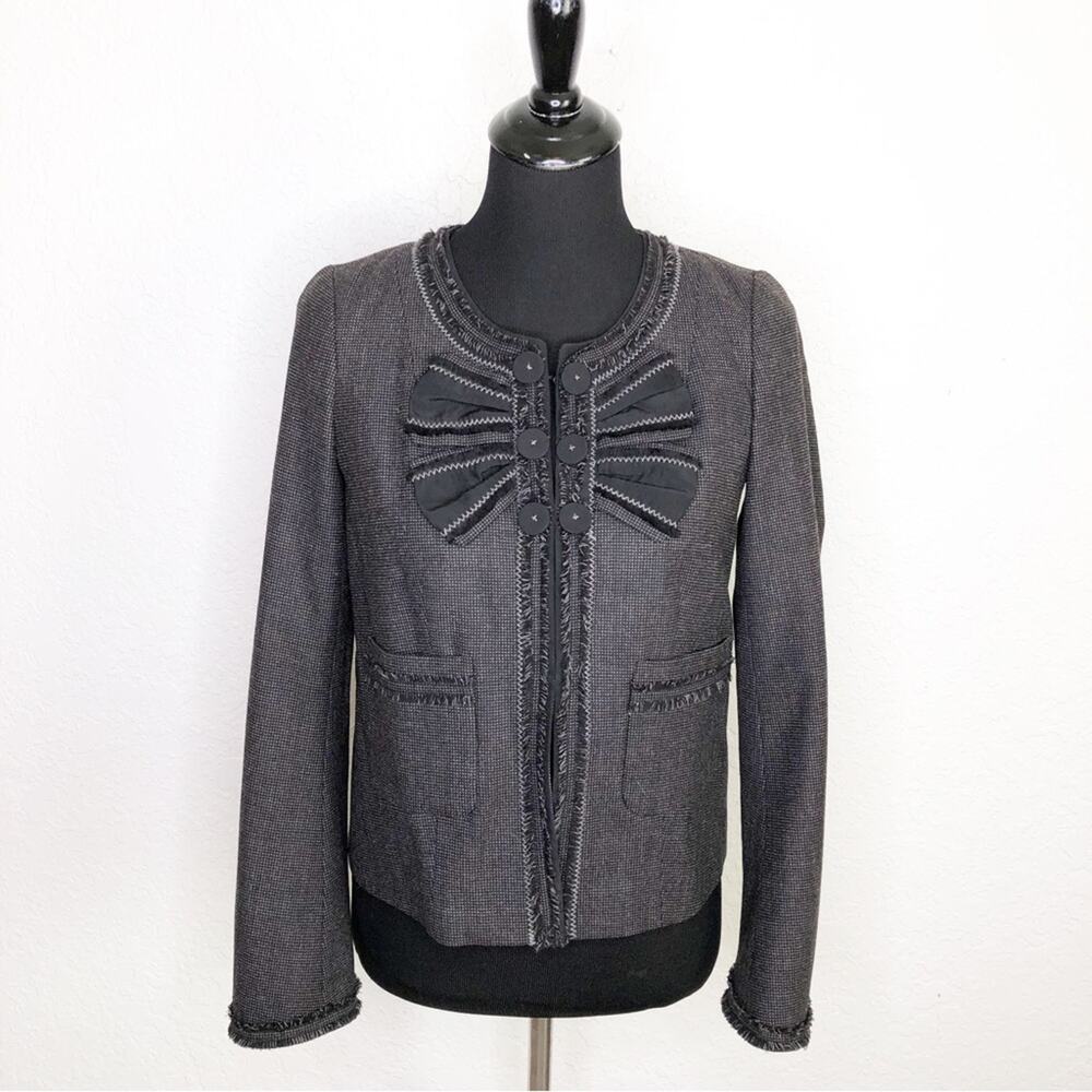 Rebecca Taylor black gray tweed fringe trim hook front wool blazer size 4